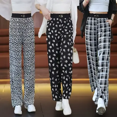 冰丝花色阔腿裤女2023夏季薄款高腰显瘦休闲裤时尚百搭潮流直筒裤商品大图