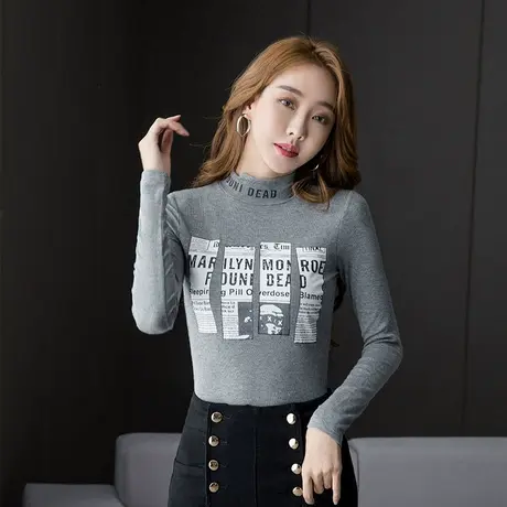 字母半高领打底衫女春秋2022新款内搭中领长袖时尚气质上衣外穿潮商品大图