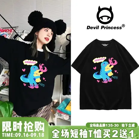 ulzzang小众设计感卡通嘻哈风黑色短袖女t恤2023春夏新款半袖上衣商品大图