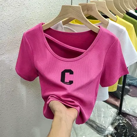 超火cec短袖T恤女夏天修身显瘦百搭不规则下摆短款半袖上衣潮ins商品大图