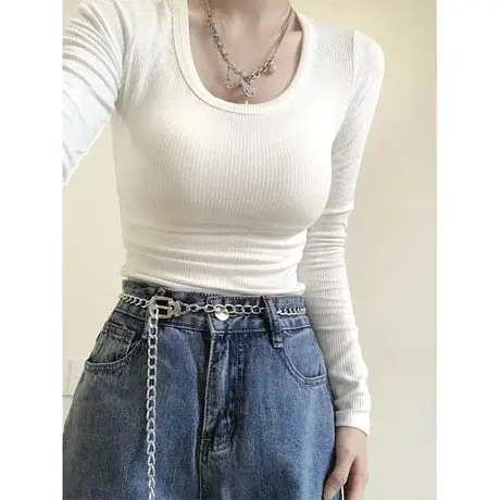U领白色打底衫女秋冬内搭大码显瘦t恤辣妹纯欲风短款长袖紧身上衣商品大图
