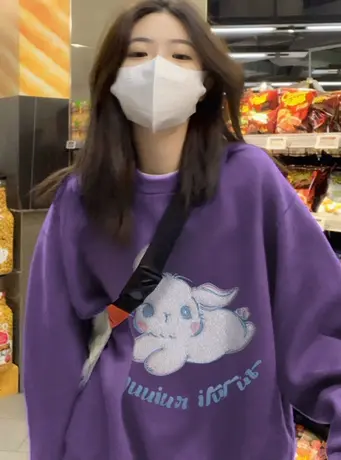 艺术生紫色圆领卫衣女加绒小个子宽松美式复古秋冬港味chic上衣潮商品大图