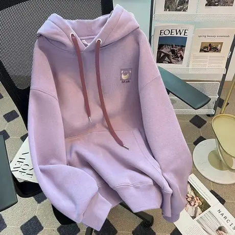 美式复古连帽设计感小熊卫衣女春秋季薄款宽松慵懒风上衣外套紫色图片