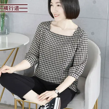 2023新款秋装方领格子宽松中袖T恤女上衣 大码胖MM妈妈外穿七分袖商品大图