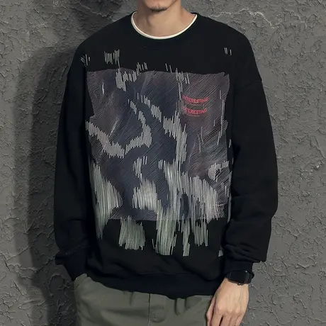 奕飏国潮印花加绒卫衣男春秋款韩版潮流宽松男士秋装上衣商品大图