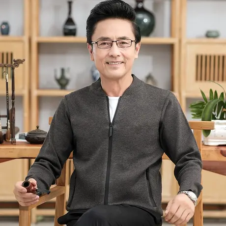 针织开衫外套男士春秋季休闲新款爸爸装圆领拉链对襟毛衣中老年人商品大图