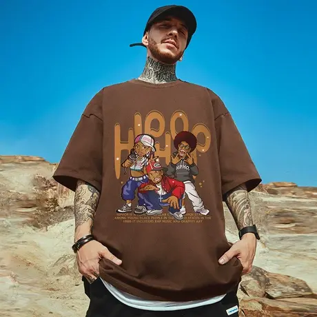 摩严美式复古咖啡色T恤男潮流bf风休闲宽松纯棉短袖潮牌大码半袖图片