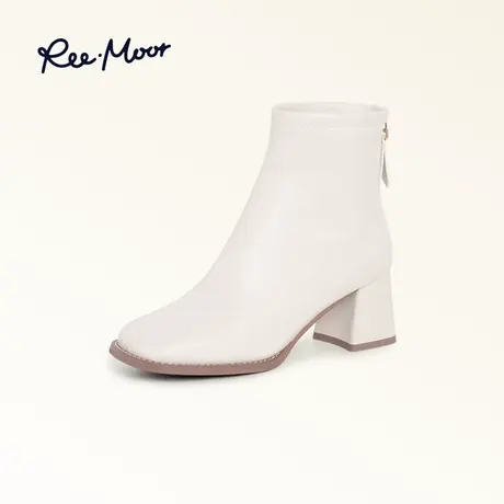 REEMOOR睿慕冬季白色高跟短靴法式小踝靴气质方头粗跟爆款女靴图片