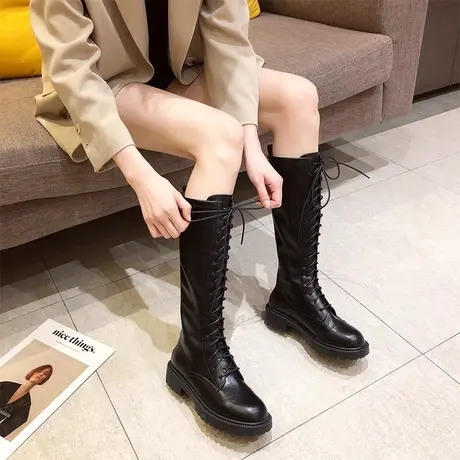 小个子长筒瘦瘦靴女粗跟2023年秋冬季新款时尚系带长靴厚底高筒靴商品大图