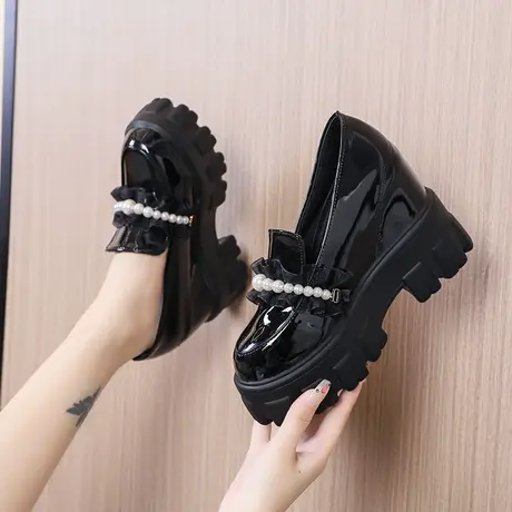 网红内增高小皮鞋女英伦风2023新款秋季一脚蹬黑色乐福鞋厚底单鞋图片