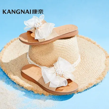 康奈女鞋休闲百搭女士凉拖鞋2021新款夏懒人时尚拖鞋蝴蝶结真皮女商品大图