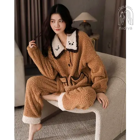 妮狄娅新款睡衣女冬季珊瑚绒开衫时尚简约加厚加绒保暖家居服套装商品大图