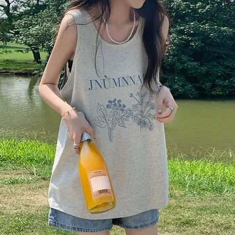 美式复古吊带运动坎肩背心无袖t恤女夏季设计感小众外穿宽松上衣图片
