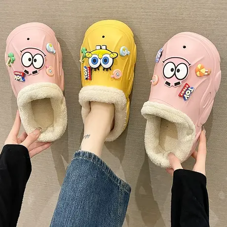 可拆卸防水棉拖鞋女士冬季卡通厚底加绒保暖室内外穿可爱毛毛拖鞋商品大图