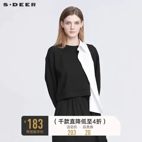 sdeer圣迪奥秋装翻领衬衫拼接不规则短款卫衣女S22182217🍢图片