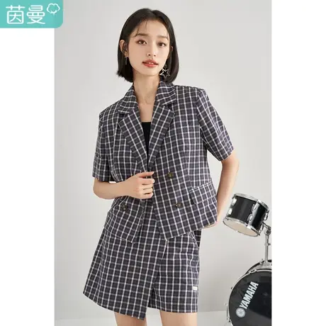 茵曼格子短袖小西装女士2023春季新款气质宽松时尚纯棉学院风上衣图片