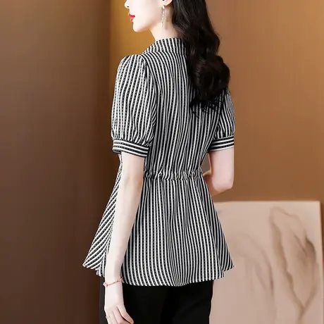 条纹短袖衬衫女夏款2023新款小香风法式雪纺上衣今年流行漂亮小衫商品大图