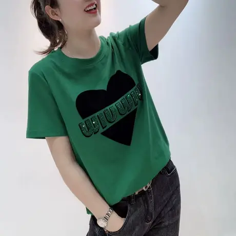 绿色复古风圆领爱心字母印花短袖休闲T恤女欧洲站2023夏季新款潮图片