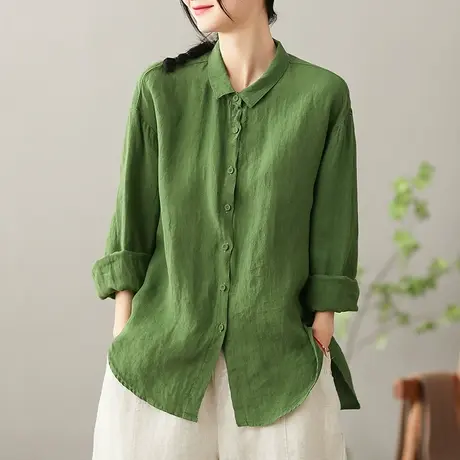 dza 文艺复古纯色亚麻女士衬衫2023春款长袖衬衣宽松显瘦棉麻上衣商品大图