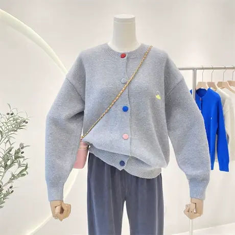 灰色毛衣开衫女2022上衣新款秋季百搭刺绣图案小众宽松针织衫外套商品大图