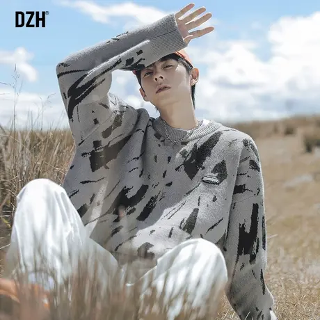 男士圆领提花毛衣男冬季潮牌美式复古加厚针织衫内搭男装2023新款商品大图