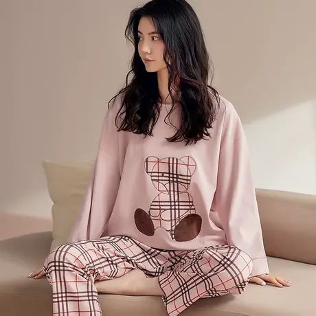 猫人纯棉睡衣女2023新款春秋季全棉长袖长裤套头可外穿家居服套装商品大图