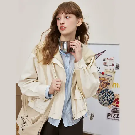 a02工装拼接设计感连帽短款女式外套2025春季简约休闲百搭长袖图片