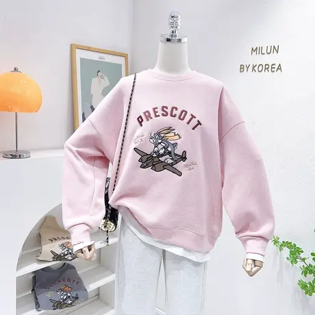 2023早春新款上衣韩国东大门复古字母兔子假两件卫衣慵懒休闲宽松商品大图