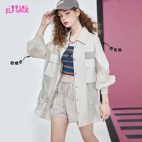 妖精的口袋拼接薄纱工装防晒外套女2023夏新款百搭薄款休闲防晒衣图片