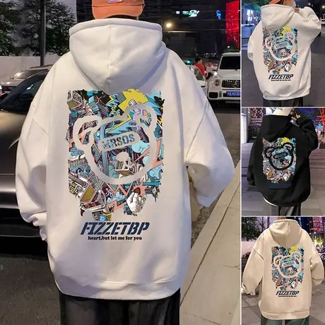 纯棉连帽卫衣男秋冬季2023新款男装帽衫套头情侣宽松国潮小熊外套商品大图