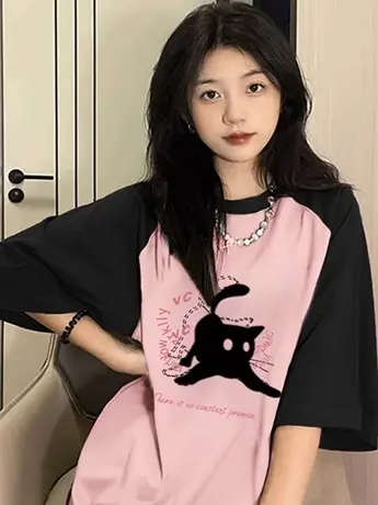 hiphop潮牌夏季女装T恤大码oversize闺蜜装短袖ins纯棉插肩袖上衣图片