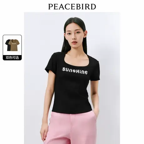 太平鸟U领正肩字母T恤女短袖夏新款修身合体时尚显瘦针织上衣商品大图