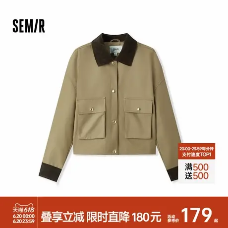 防护外套|森马外套女短款宽松落肩撞色灯芯绒翻领秋三防夹克复古图片