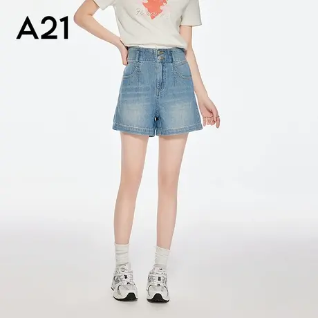 A21女装浅蓝磨白中腰牛仔短裤2025夏季新款简约设计感宽松直筒裤图片
