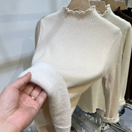 木耳边半高领一体加绒加厚毛衣女2022秋冬新款内搭针织打底衫上衣图片