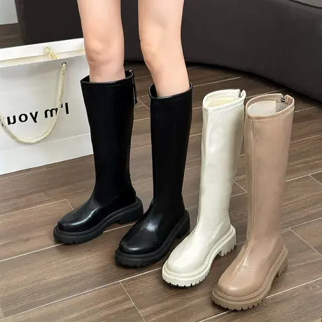 永希长筒靴女2023年春秋季新款小个子复古时尚单靴粗跟高跟骑士靴商品大图