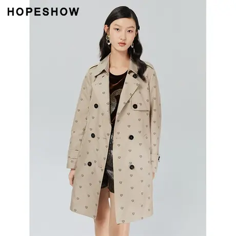 红袖outlets系带双排扣风衣hopeshow2022秋季新款大翻领中长外套商品大图