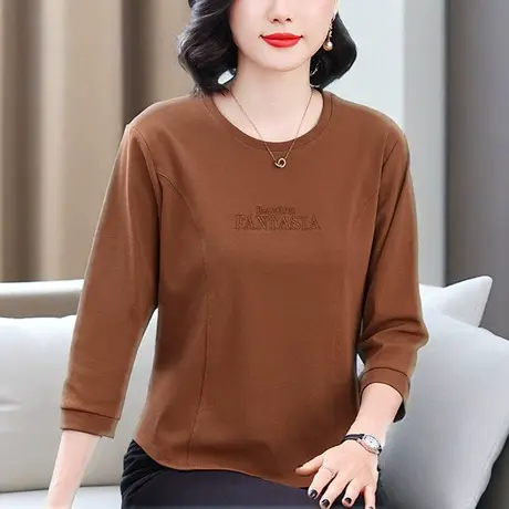 纯棉七分袖t恤女春秋2025新款高级感洋气妈妈上衣短款打底衫女商品大图