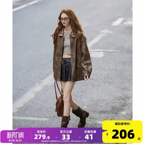 唐狮2025新款秋季皮衣女翻领格子拼接酷飒短款早秋外套韩系穿搭图片