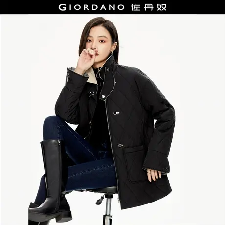 佐丹奴外套女装格纹梭织可立领宽松中长款棉衣外套 18373915图片