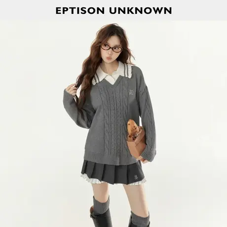 EPTISON毛衣女2025年冬季新款复古撞色学院风宽松假两件针织上衣商品大图