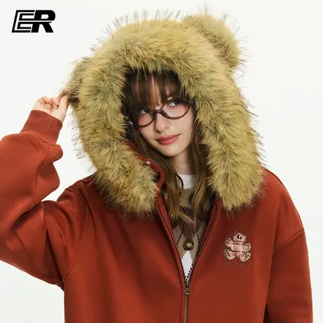 ER小熊绣花毛领卫衣男女秋冬美式vintage潮牌宽松连帽外套情侣装商品大图
