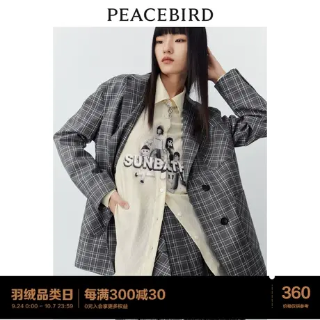#太平鸟印花格纹西装外套女宽松2023秋季新款女士西装灰色高级感图片