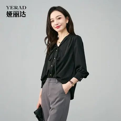 娅丽达2025秋季新款黑色V领时尚雪纺衫女飘带女士衬衫上衣小衫商品大图