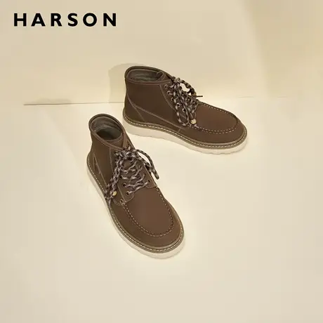 哈森秋季男鞋新款美拉德短靴时尚男士休闲鞋高帮复古真皮工装靴子商品大图