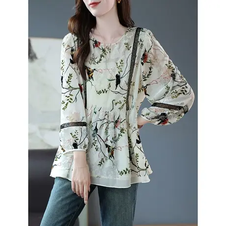 宝诗黎圆领蕾丝拼接印花丝绒雪纺衫早秋宽松薄上衣女装2023年新款商品大图