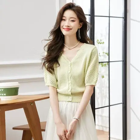 时尚气质短袖针织开衫2023年夏季新款淑女温柔甜美修身显瘦上衣商品大图