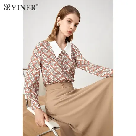 YINER音儿商场同款女装2021秋季新款娃娃领印花桑蚕丝衬衫商品大图