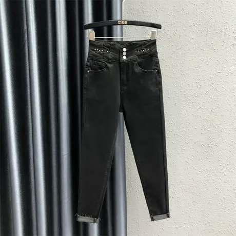 欧货小脚铅笔裤女潮23秋冬新款黑色三粒扣高腰加绒加厚弹力牛仔裤图片