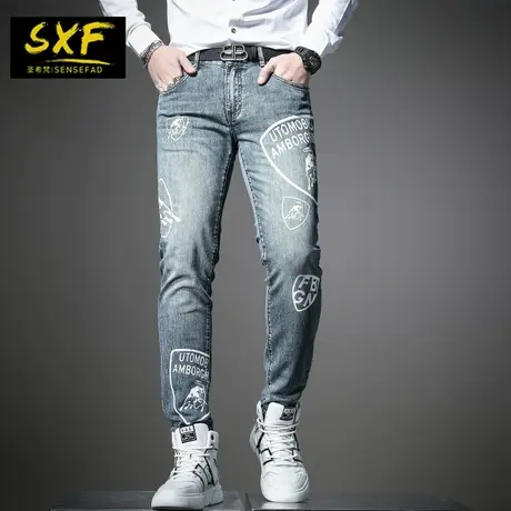 SXF圣希梵男士牛仔裤 2021春季新品简约修身印花小脚裤时尚长裤男图片